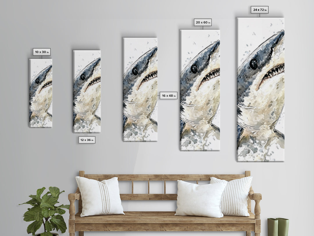 Great White Shark Canvas Print, Dramatic Ocean Animal Wall Art, Nautical Bathroom Decor, Coastal Sea Life Gift For Shark Lover