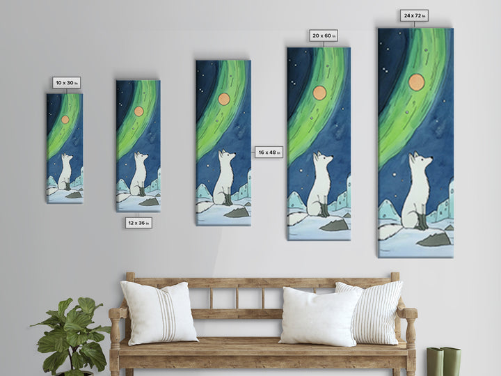 Arctic Fox Under Northern Lights Wall Art, Whimsical Snowy Animal Print, Aurora Nursery Decor, Winter Wildlife Canvas Print