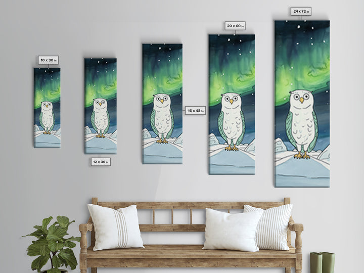 Wide Eyed Owl Beneath Northern Lights Wall Art, Whimsical Bird Print, Aurora Nursery Decor, Celestial Kids Room Art Gift