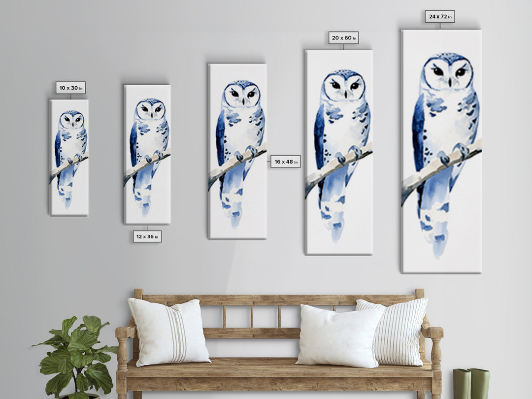 Blue And White Owl On Branch Canvas Print, Minimal Watercolor Bird Art, Nursery Wall Decor, Coastal Blue Bedroom Art Gift