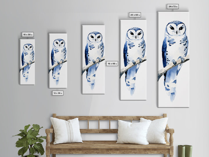 Blue And White Owl On Branch Canvas Print, Minimal Watercolor Bird Art, Nursery Wall Decor, Coastal Blue Bedroom Art Gift