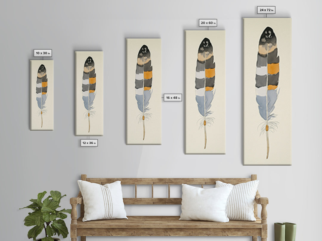 Bold Striped Feather Canvas Print, Watercolor Bird Art, Boho Wall Decor, Neutral Nature Print, Rustic Gallery Wall Gift Idea