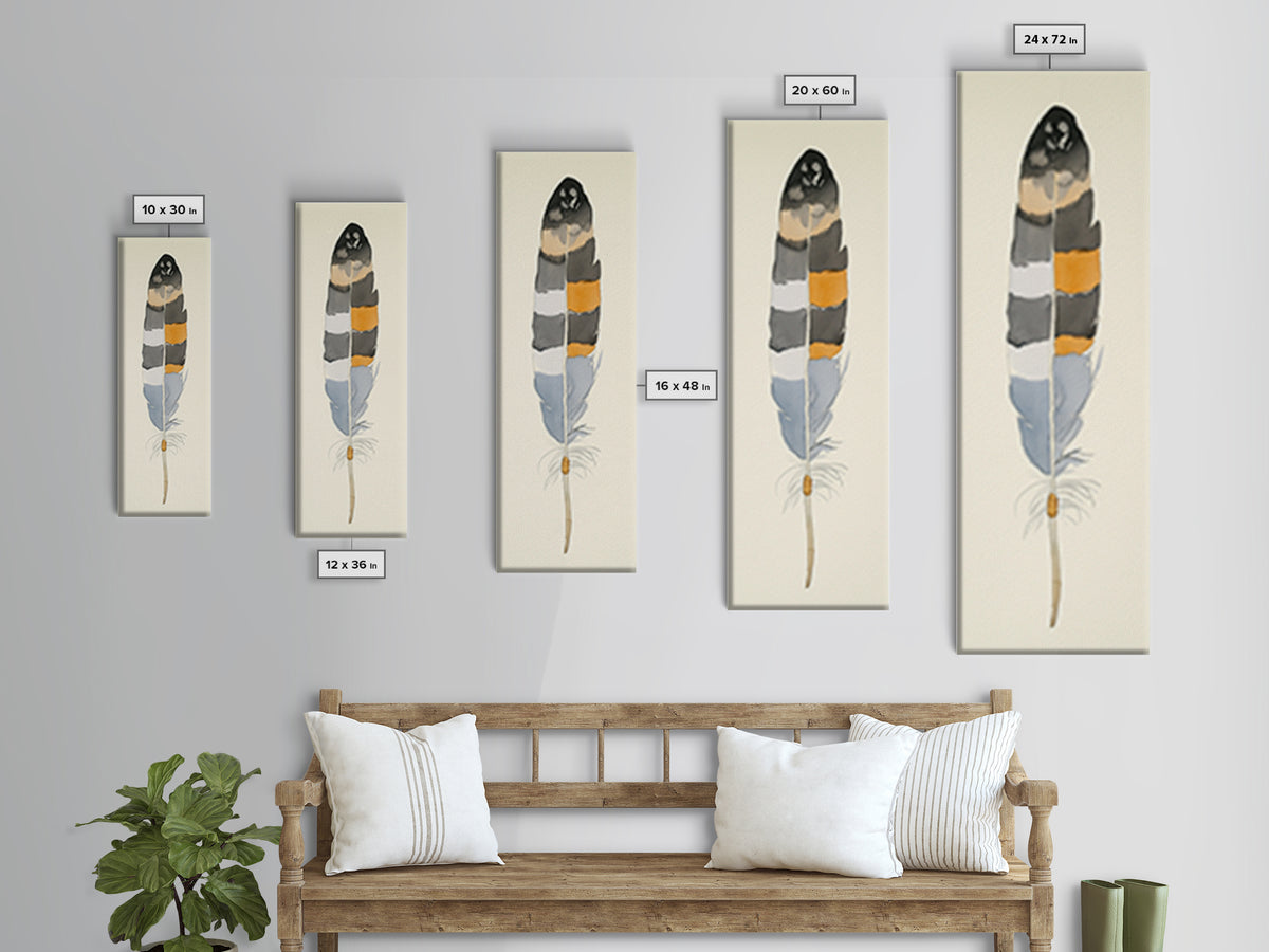 Bold Striped Feather Canvas Print, Watercolor Bird Art, Boho Wall Decor, Neutral Nature Print, Rustic Gallery Wall Gift Idea