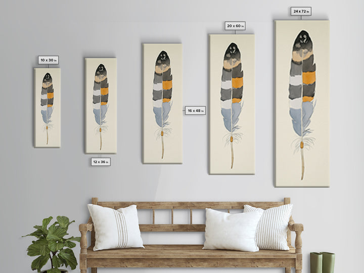 Bold Striped Feather Canvas Print, Watercolor Bird Art, Boho Wall Decor, Neutral Nature Print, Rustic Gallery Wall Gift Idea