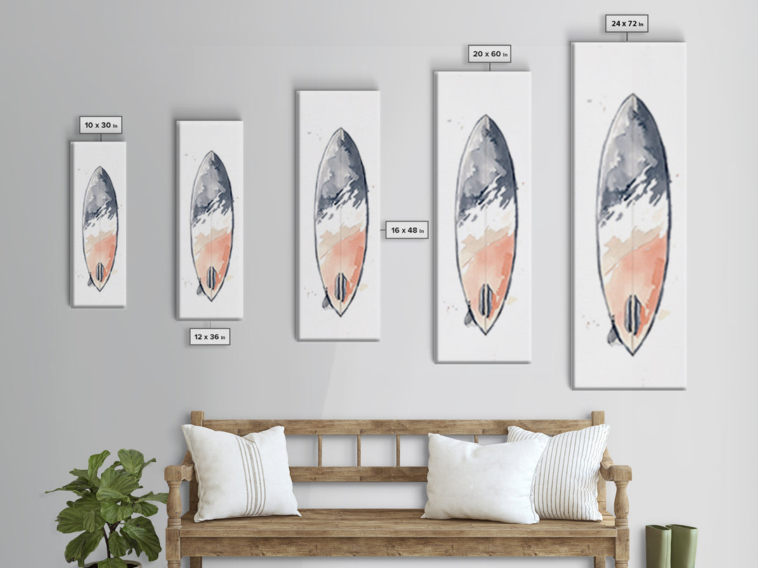 Minimalist Coral Gray Surfboard Canvas Print, Beach Wall Art, Coastal Bathroom Decor, Modern Nautical Home Decor, Surf Poster