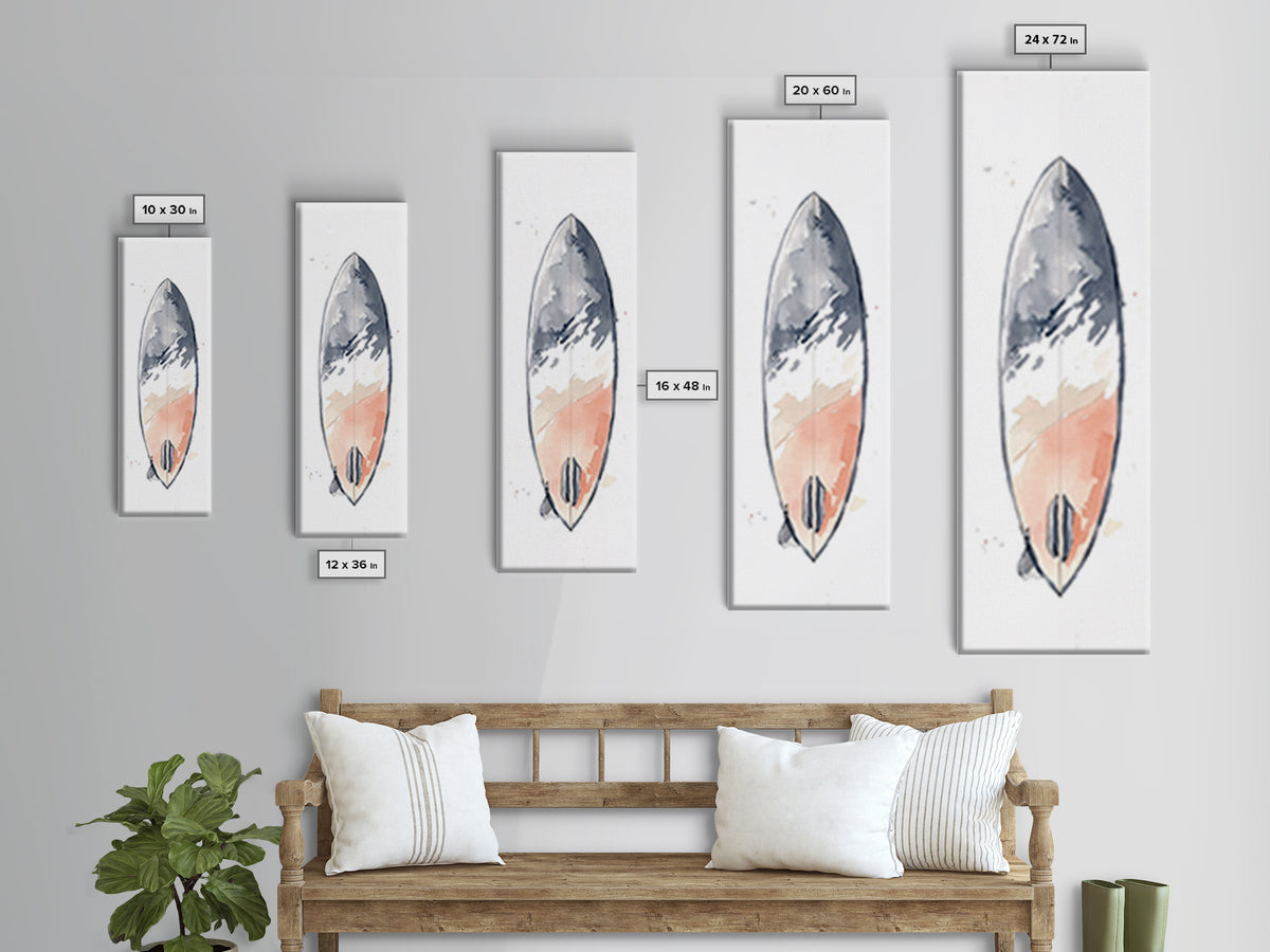 Minimalist Coral Gray Surfboard Canvas Print, Beach Wall Art, Coastal Bathroom Decor, Modern Nautical Home Decor, Surf Poster