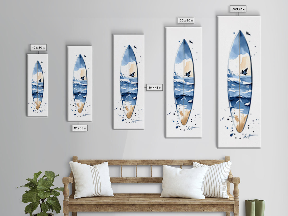 Blue Wave Surfboard With Birds Canvas Print, Coastal Wall Art, Ocean Decor, Beach House Surf Poster, Living Room Art, Modern Coastal Art