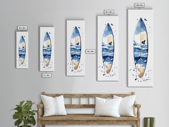 Blue Wave Surfboard With Birds Canvas Print, Coastal Wall Art, Ocean Decor, Beach House Surf Poster, Living Room Art, Modern Coastal Art