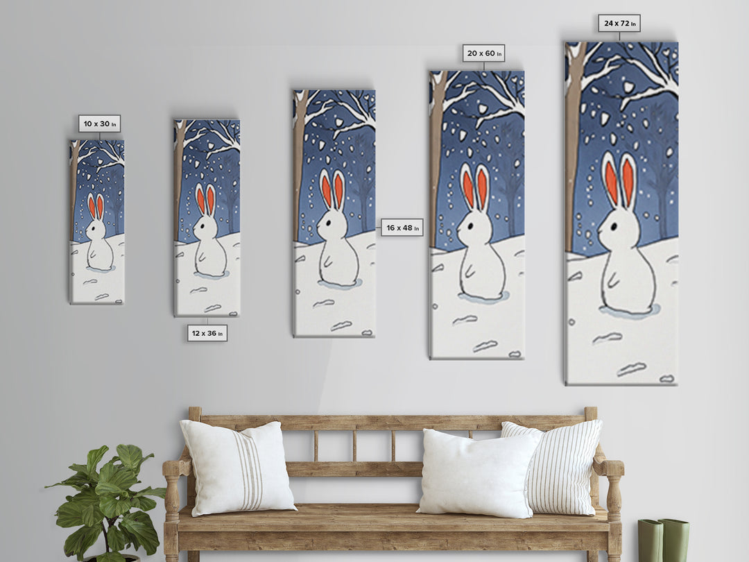 White Bunny In Snowy Forest Wall Art, Whimsical Rabbit Print, Woodland Nursery Decor, Winter Kids Room Wall Decor, Baby Shower Gift