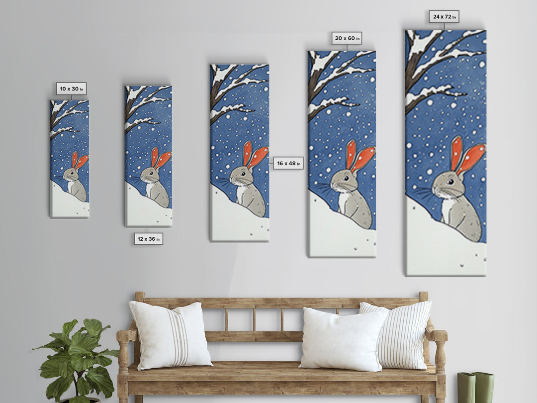 Snow Bunny In Falling Snow Wall Art, Whimsical Rabbit Watercolor Print, Cute Nursery Animal Decor, Winter Kids Room Art