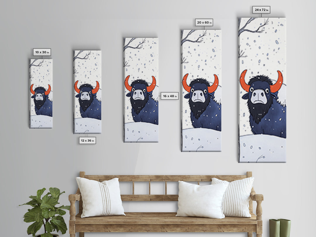 Musk Ox In Falling Snow Canvas Print, Whimsical Winter Animal Art, Nursery Wall Decor, Rustic Wildlife Gift For Kids Room