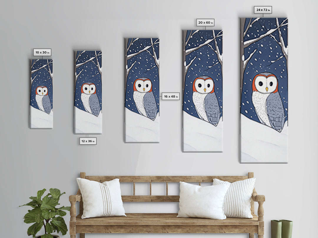Cute Barn Owl In Snow Canvas Print, Whimsical Animal Wall Art, Winter Nursery Decor, Woodland Bird Gift For Kids Room Decor