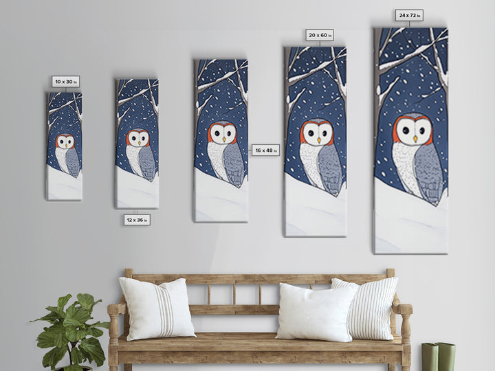 Cute Barn Owl In Snow Canvas Print, Whimsical Animal Wall Art, Winter Nursery Decor, Woodland Bird Gift For Kids Room Decor