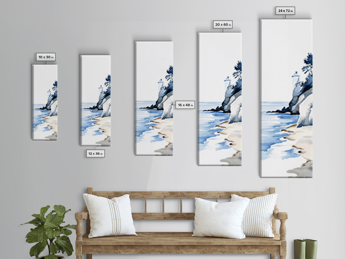 Blue Lighthouse On Cliff Canvas Print, Coastal Wall Art, Nautical Beach Decor, Ocean Landscape For Bathroom Or Living Room