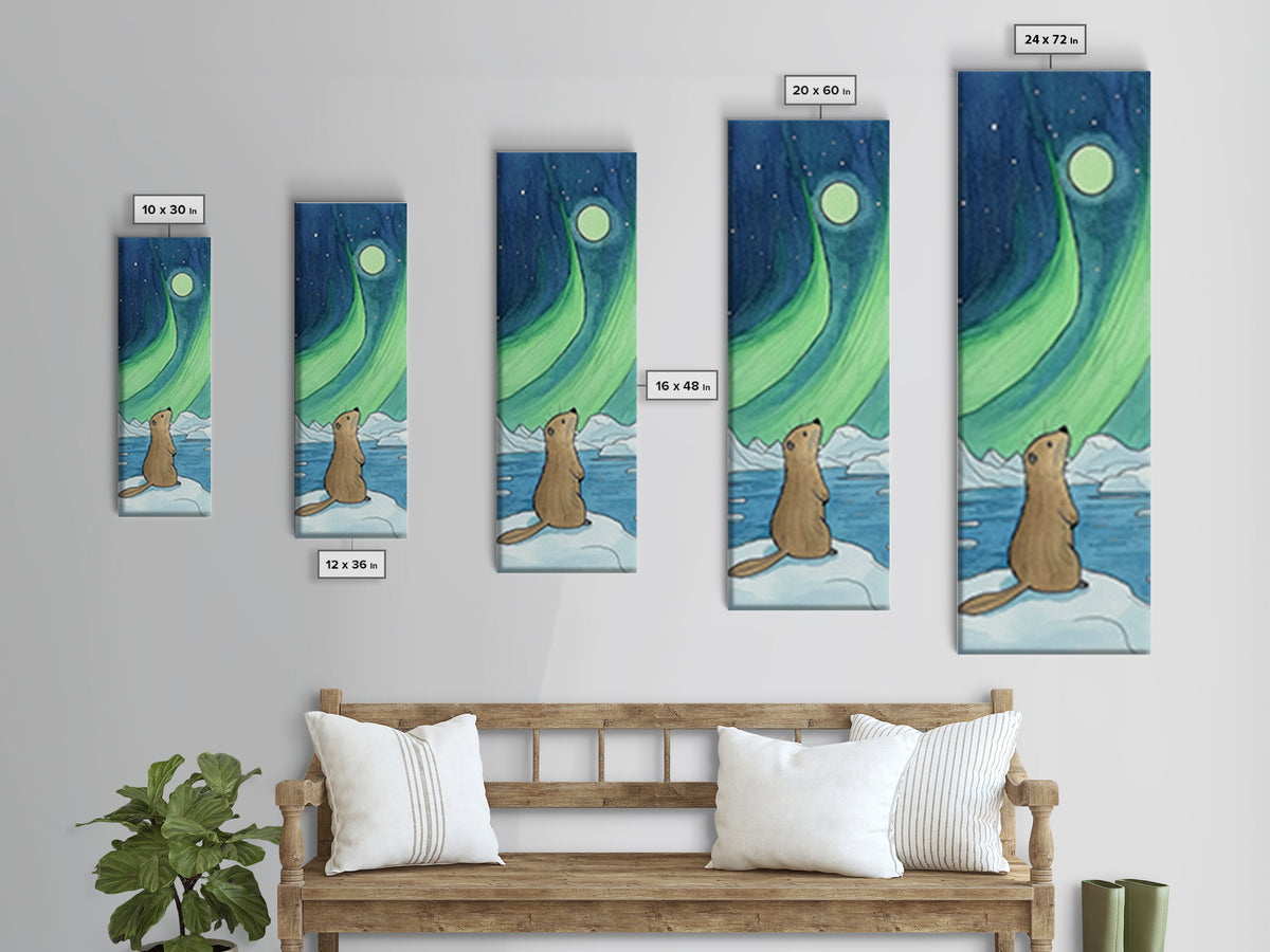 Cute Otter Northern Lights Moon Canvas Print, Whimsical Animal Wall Art, Nursery Decor, Kids Room Art, Aurora Gift For Children