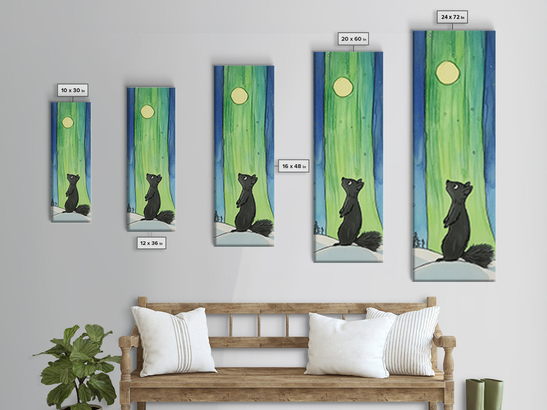 Black Squirrel Aurora Moon Canvas Print, Whimsical Animal Wall Art, Nursery Decor, Kids Room Art, Celestial Wall Decor Gift