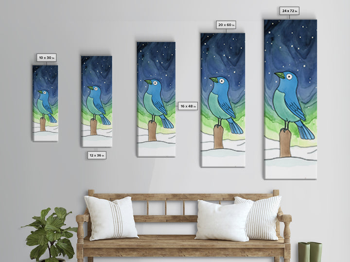 Whimsical Blue Bird In Starry Snow Canvas Print, Winter Nursery Wall Art, Kids Room Decor, Cute Animal Art, Bird Lover Gift