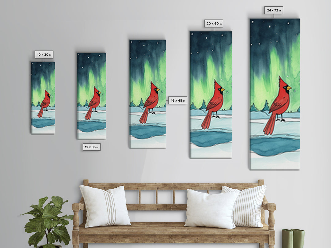Red Cardinal In Snowy Aurora Landscape Framed Canvas Print, Winter Bird Wall Art, Nature Wall Decor, Christmas Gift, Living Room Art