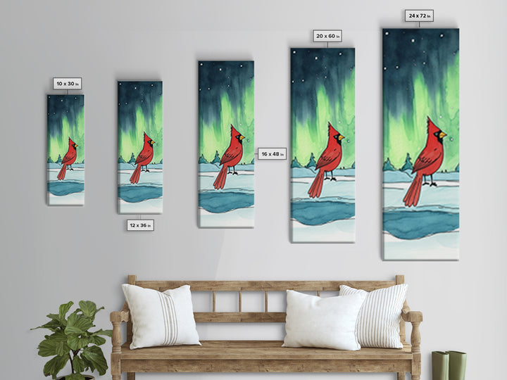 Red Cardinal In Snowy Aurora Landscape Framed Canvas Print, Winter Bird Wall Art, Nature Wall Decor, Christmas Gift, Living Room Art
