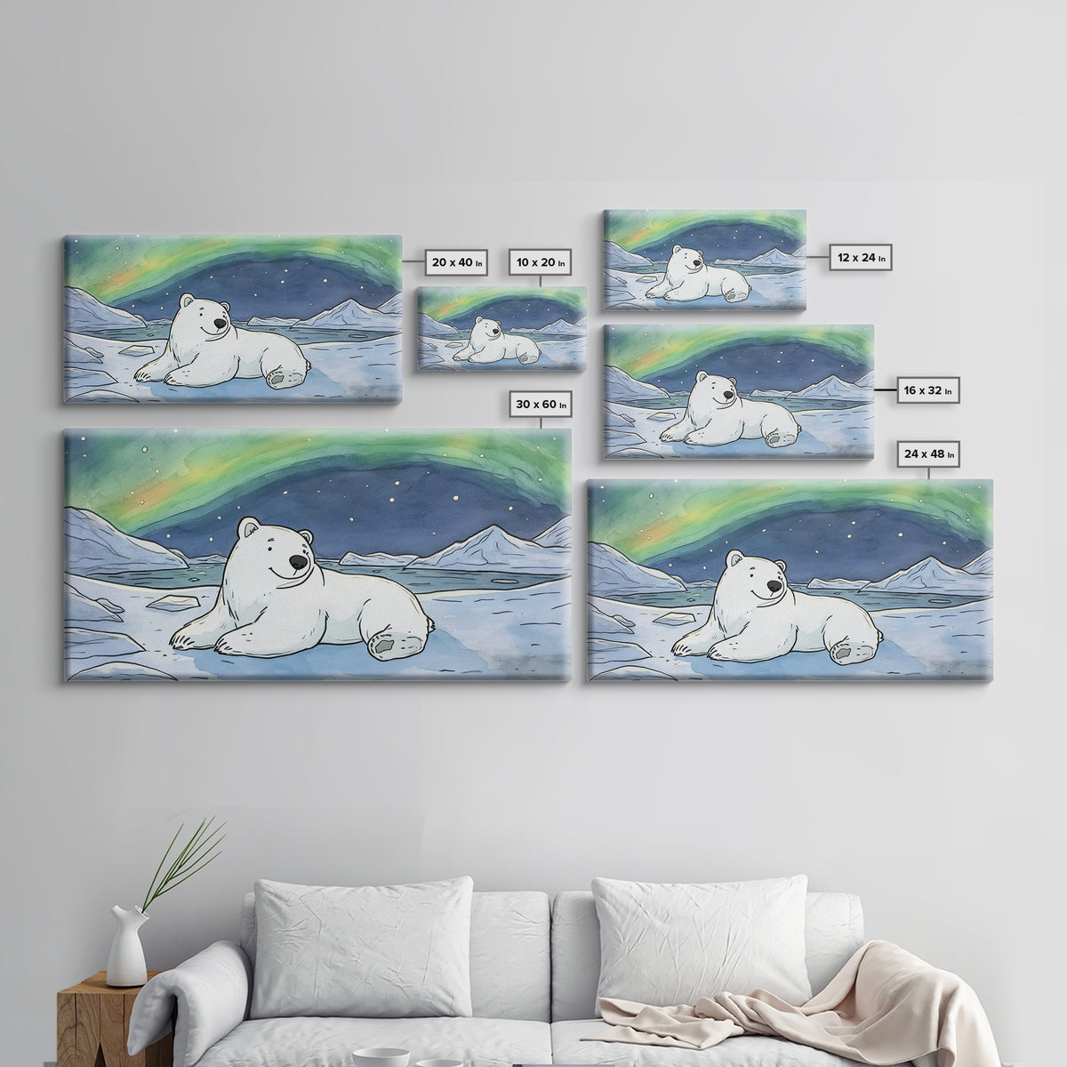 Polar Bear Under Northern Lights Wall Art, Arctic Animal Canvas Print, Nursery Decor, Wildlife Print, Winter Home Decor Gift