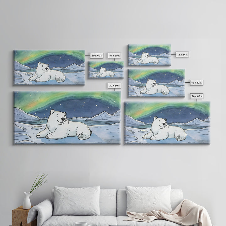 Polar Bear Under Northern Lights Wall Art, Arctic Animal Canvas Print, Nursery Decor, Wildlife Print, Winter Home Decor Gift