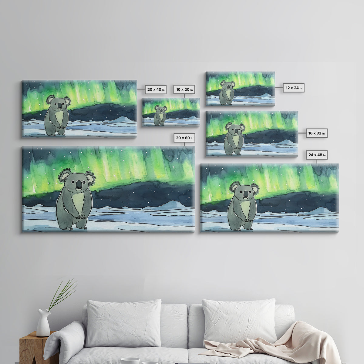 Koala Under Northern Lights Wall Art, Whimsical Animal Canvas Print, Aurora Nursery Decor, Kids Room Art, Unique Gift For Her