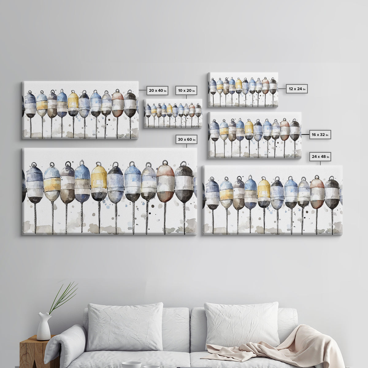 Striped Fishing Buoys Wall Art, Nautical Canvas Print, Coastal Bathroom Decor, Beach House Art, Ocean Wall Decor Gift Print