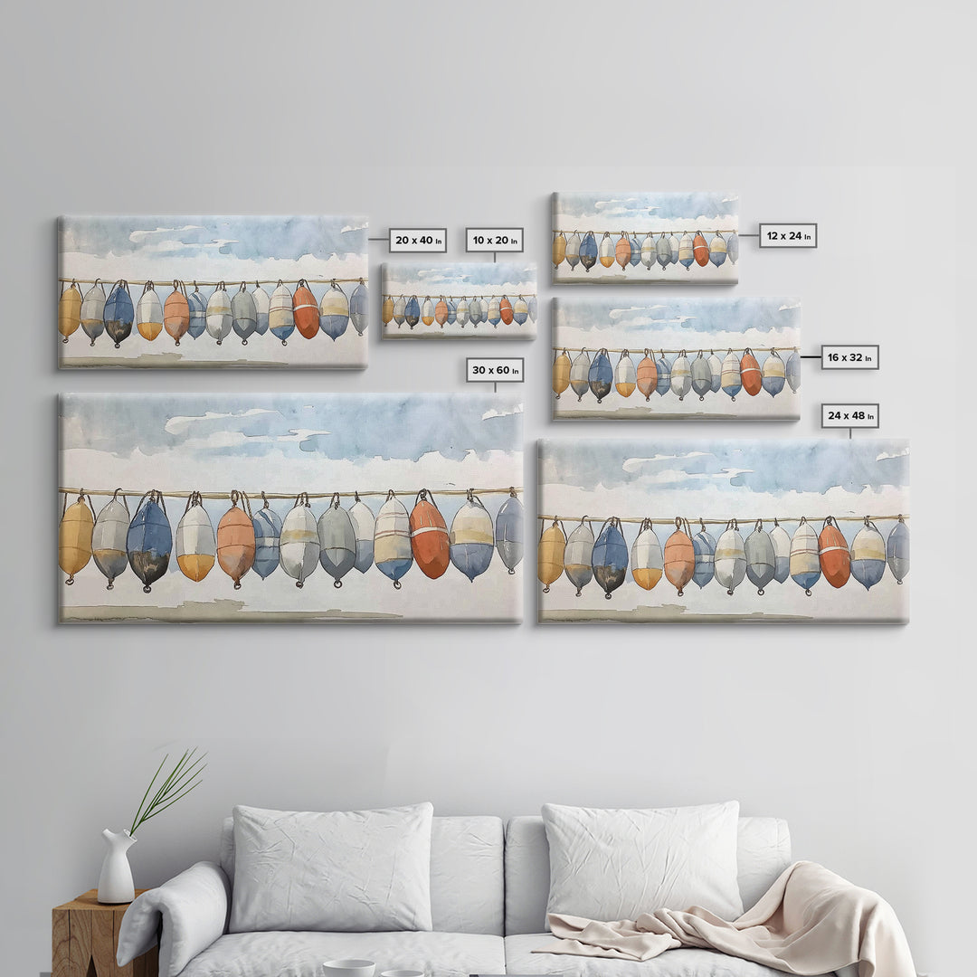 Hanging Coastal Buoys Canvas Print, Nautical Wall Art, Beach House Decor, Ocean Print, Bathroom Wall Decor, Gift For Her