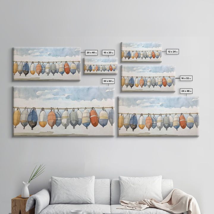 Hanging Coastal Buoys Canvas Print, Nautical Wall Art, Beach House Decor, Ocean Print, Bathroom Wall Decor, Gift For Her