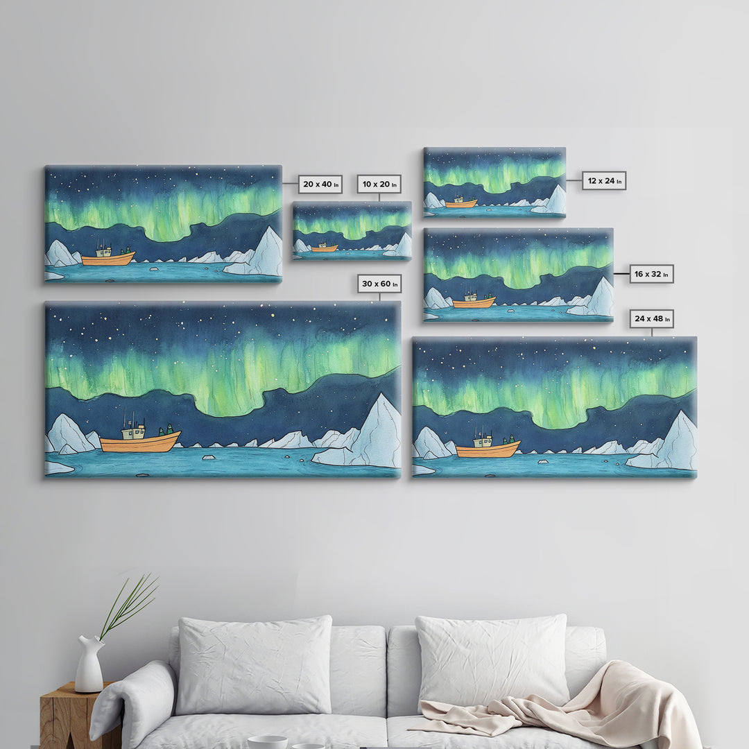 Northern Lights Boat And Iceberg Wall Art, Arctic Seascape Canvas Print, Aurora Borealis Travel Poster, Nautical Decor Gift
