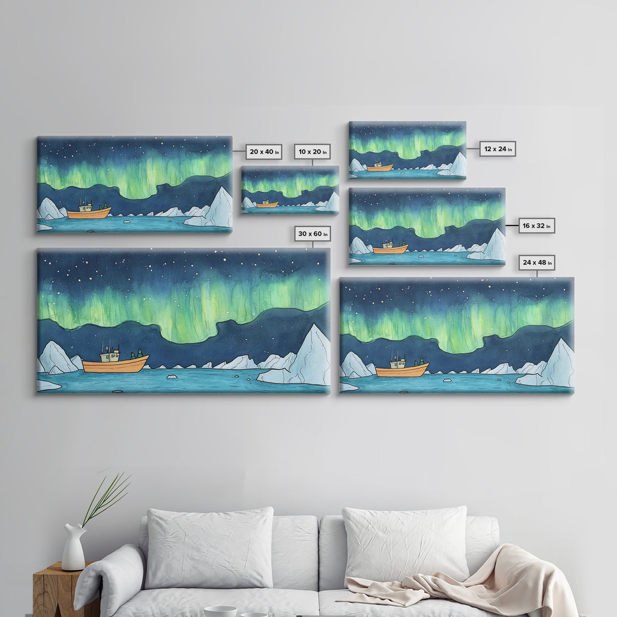 Northern Lights Boat And Iceberg Wall Art, Arctic Seascape Canvas Print, Aurora Borealis Travel Poster, Nautical Decor Gift