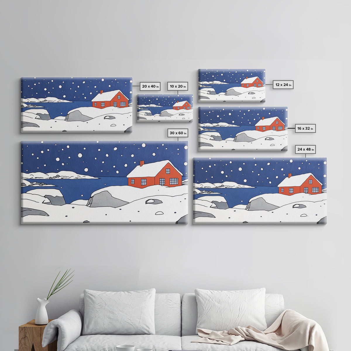 Red House On Snowy Coastal Hill Wall Art, Winter Lake Landscape Canvas Print, Scandinavian Decor, Rustic Housewarming Gift