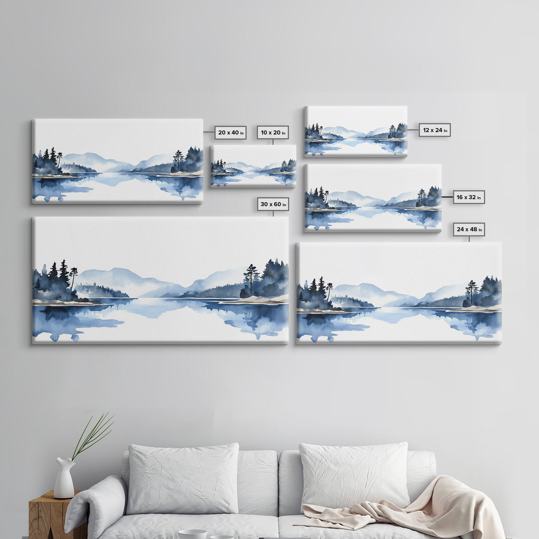 Minimal Blue Mountain Lake Wall Art, Watercolor Landscape Canvas Print, Scandinavian Nature Decor, Calm Living Room Wall Art