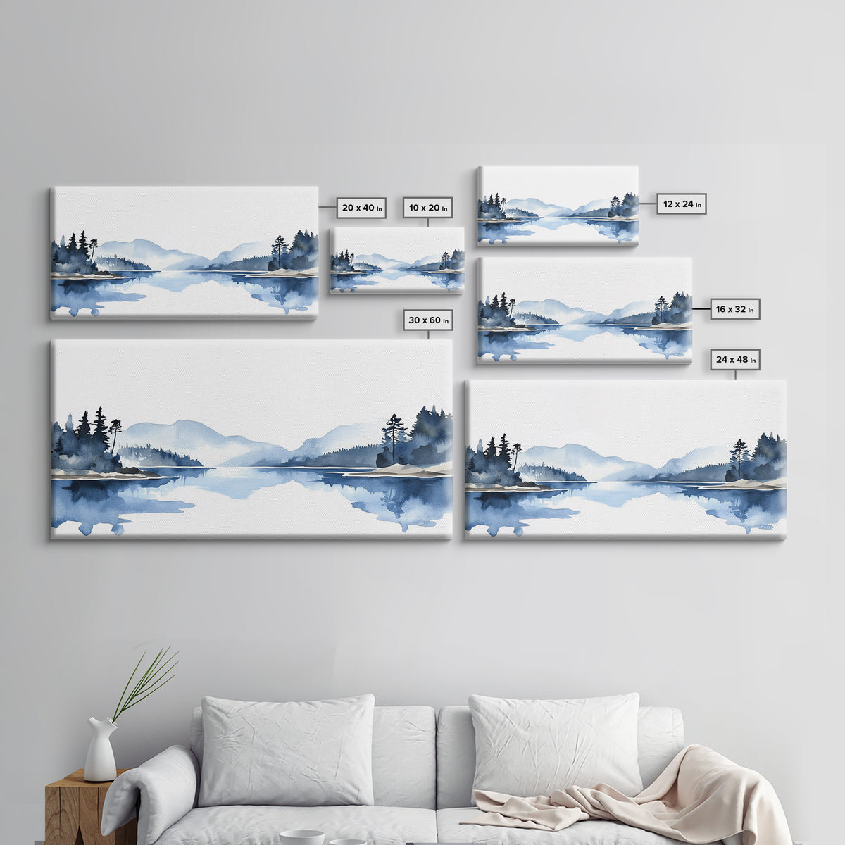 Minimal Blue Mountain Lake Wall Art, Watercolor Landscape Canvas Print, Scandinavian Nature Decor, Calm Living Room Wall Art