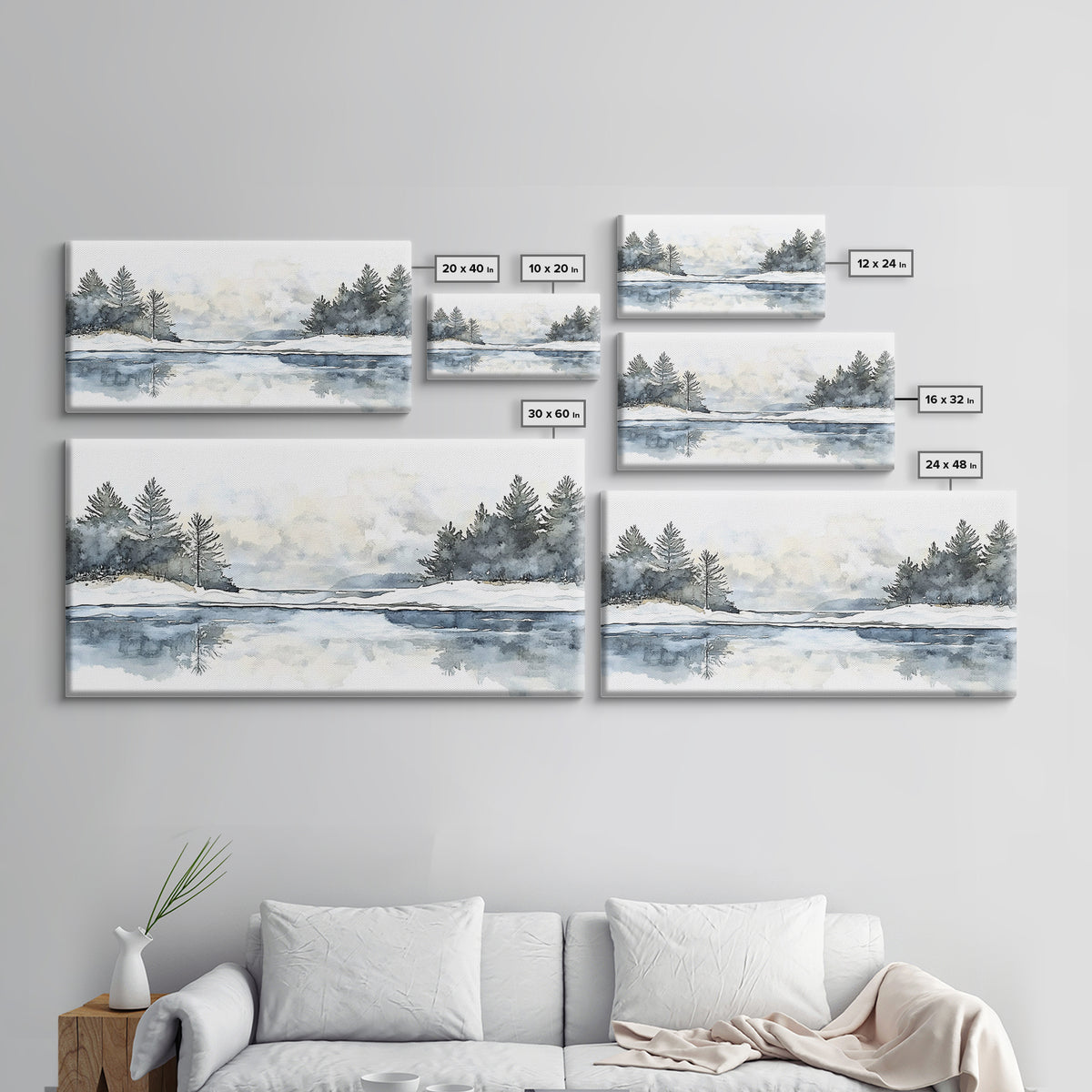 Winter Pine River Reflection Wall Art, Blue Watercolor Landscape Canvas Print, Serene Nature Living Room Decor, Lake House Gift