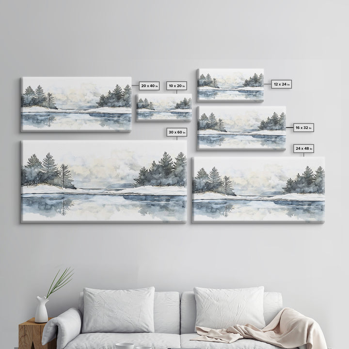 Winter Pine River Reflection Wall Art, Blue Watercolor Landscape Canvas Print, Serene Nature Living Room Decor, Lake House Gift