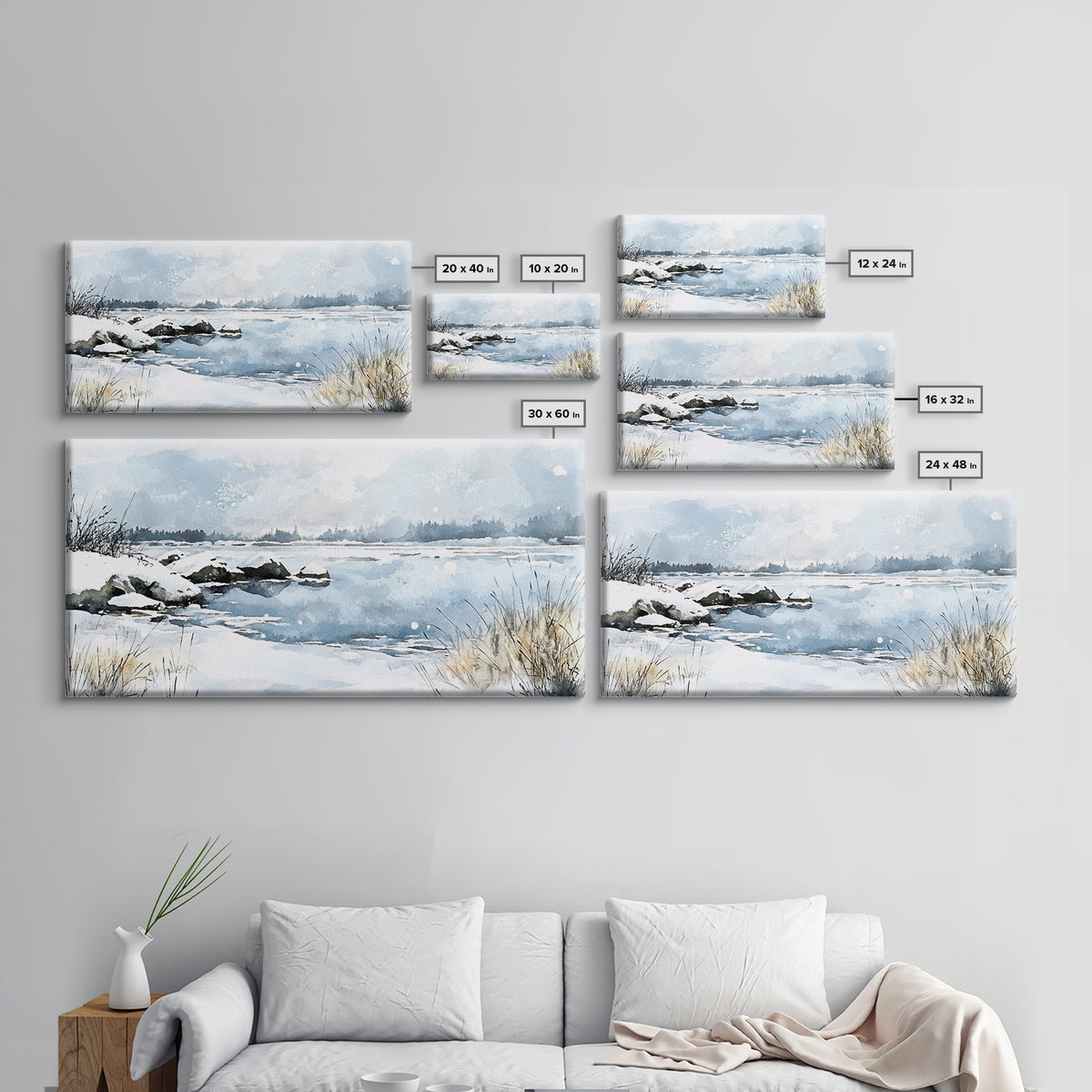 Snowy Marsh Lake With Rocks And Grass Wall Art, Winter Watercolor Landscape Canvas Print, Neutral Nature Decor, Cabin Gift