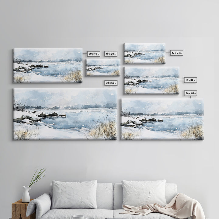 Snowy Marsh Lake With Rocks And Grass Wall Art, Winter Watercolor Landscape Canvas Print, Neutral Nature Decor, Cabin Gift