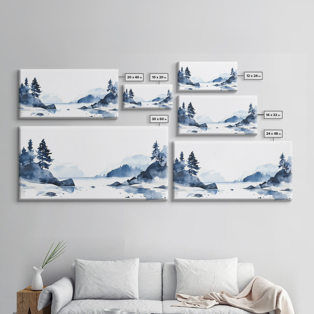 Blue Rocky Lake And Pine Island Canvas Print, Watercolor Coastal Landscape, Scandinavian Wall Decor, Calm Living Room Art