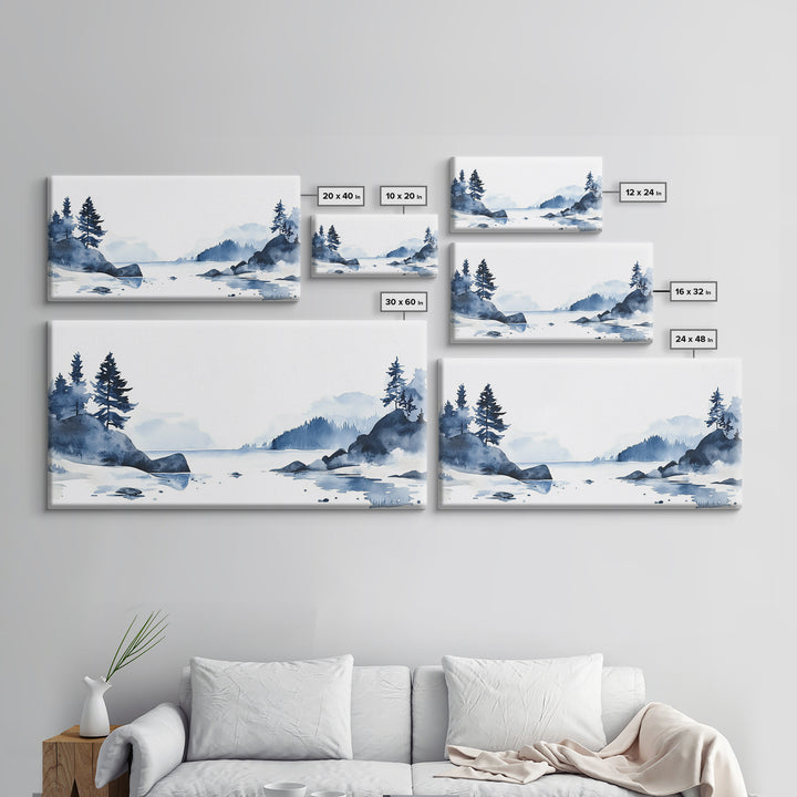 Blue Rocky Lake And Pine Island Canvas Print, Watercolor Coastal Landscape, Scandinavian Wall Decor, Calm Living Room Art