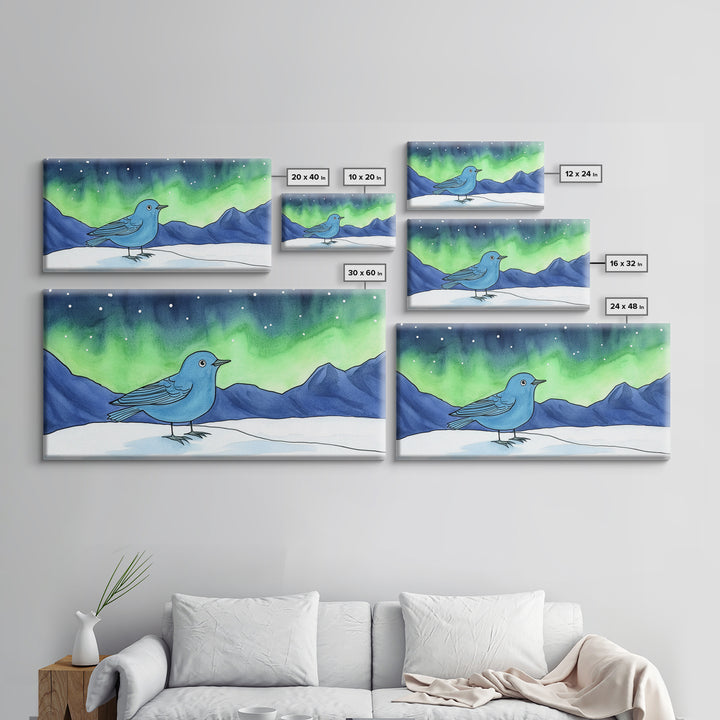 Blue Bird Under Northern Lights Canvas Print, Aurora Mountain Landscape Wall Decor For Nursery, Kids Room, Winter Home Decor