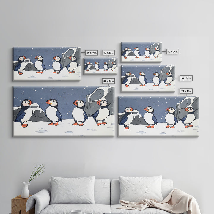 Four Puffins In Snowy Arctic Landscape Canvas Print, Whimsical Animal Wall Art For Kids Room, Nursery, Coastal Winter Decor