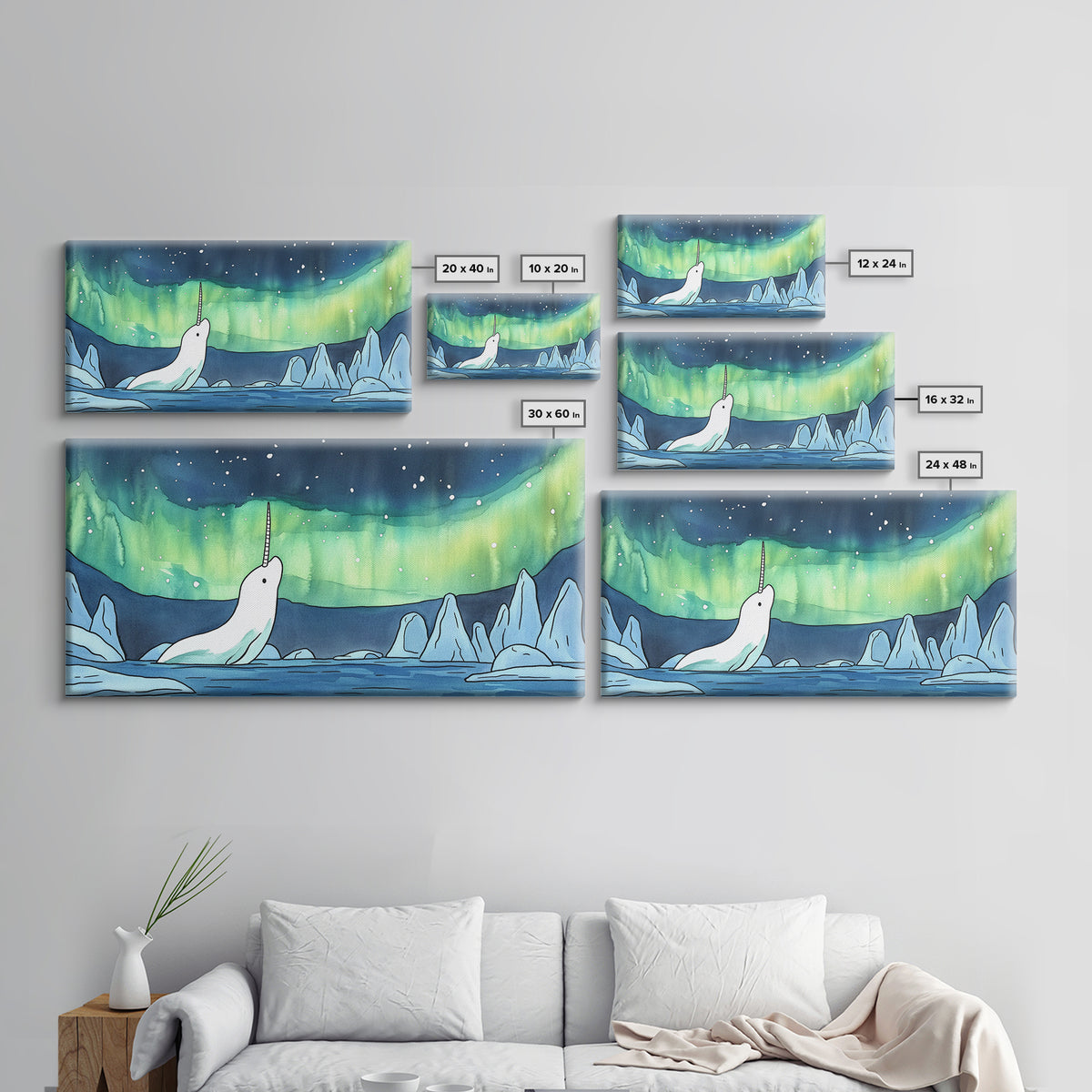 White Narwhal Under Northern Lights Canvas Print, Arctic Ocean Wall Art For Nursery, Kids Room, Coastal Decor, Fantasy Gift