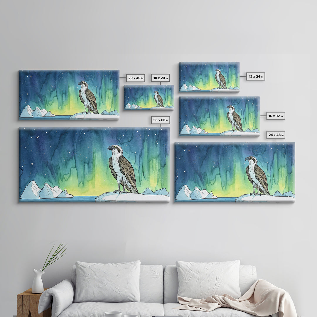 Osprey Perched Beneath Northern Lights Wall Art, Aurora Borealis Bird Print, Arctic Nature Decor, Wildlife Canvas Art Print