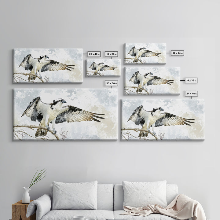 Landing Osprey On Winter Branch Canvas Print, Watercolor Hawk Wall Art, Rustic Nature Decor, Bird Lover Housewarming Gift