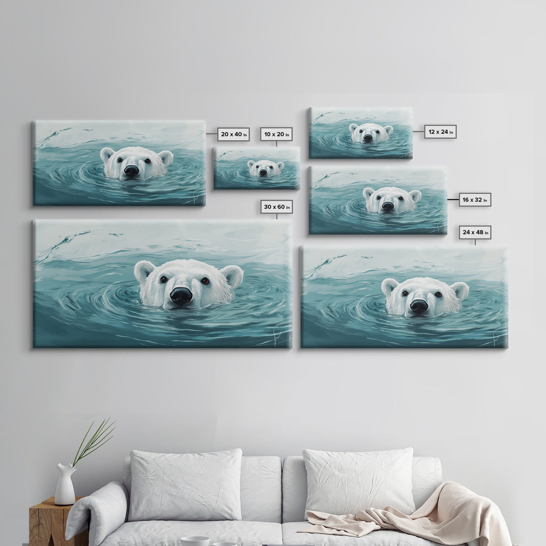 Swimming Polar Bear In Teal Water Wall Art, Arctic Wildlife Canvas Print, Ocean Animal Decor, Nursery Or Bathroom Art Print
