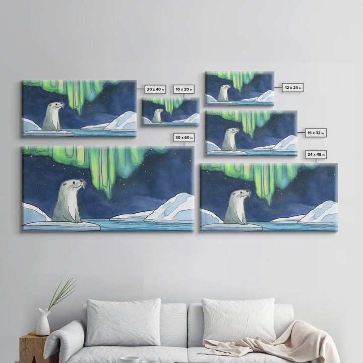 Arctic Seal Under Northern Lights Wall Art, Aurora Ocean Animal Print, Whimsical Nursery Decor, Coastal Canvas Print, Housewarming Gift