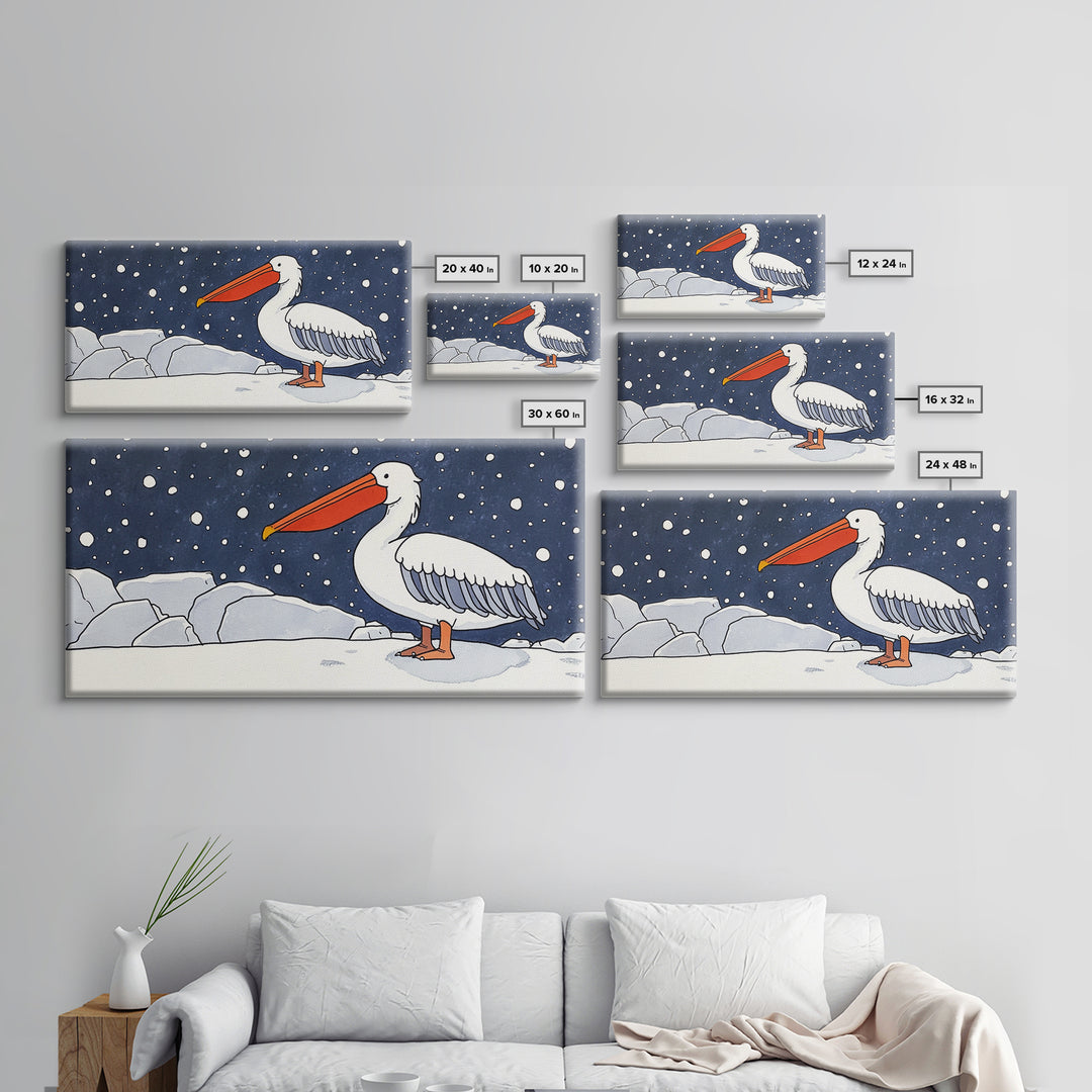 Snowy White Pelican On Ice Framed Canvas Print, Arctic Bird Wall Decor, Coastal Wall Art, Nursery Art, Gift For Her, Kids Room Decor