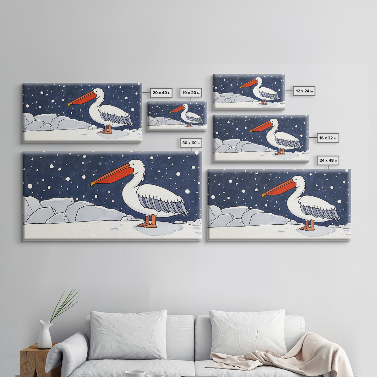 Snowy White Pelican On Ice Framed Canvas Print, Arctic Bird Wall Decor, Coastal Wall Art, Nursery Art, Gift For Her, Kids Room Decor