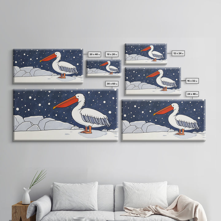 Snowy White Pelican On Ice Framed Canvas Print, Arctic Bird Wall Decor, Coastal Wall Art, Nursery Art, Gift For Her, Kids Room Decor